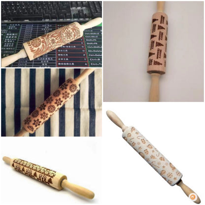 Festive rolling pin with embossed Christmas designs for easy imprinting on dough