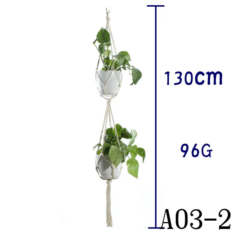 Handmade beige cotton rope net bag holding a plant pot, showing its textured sling design.