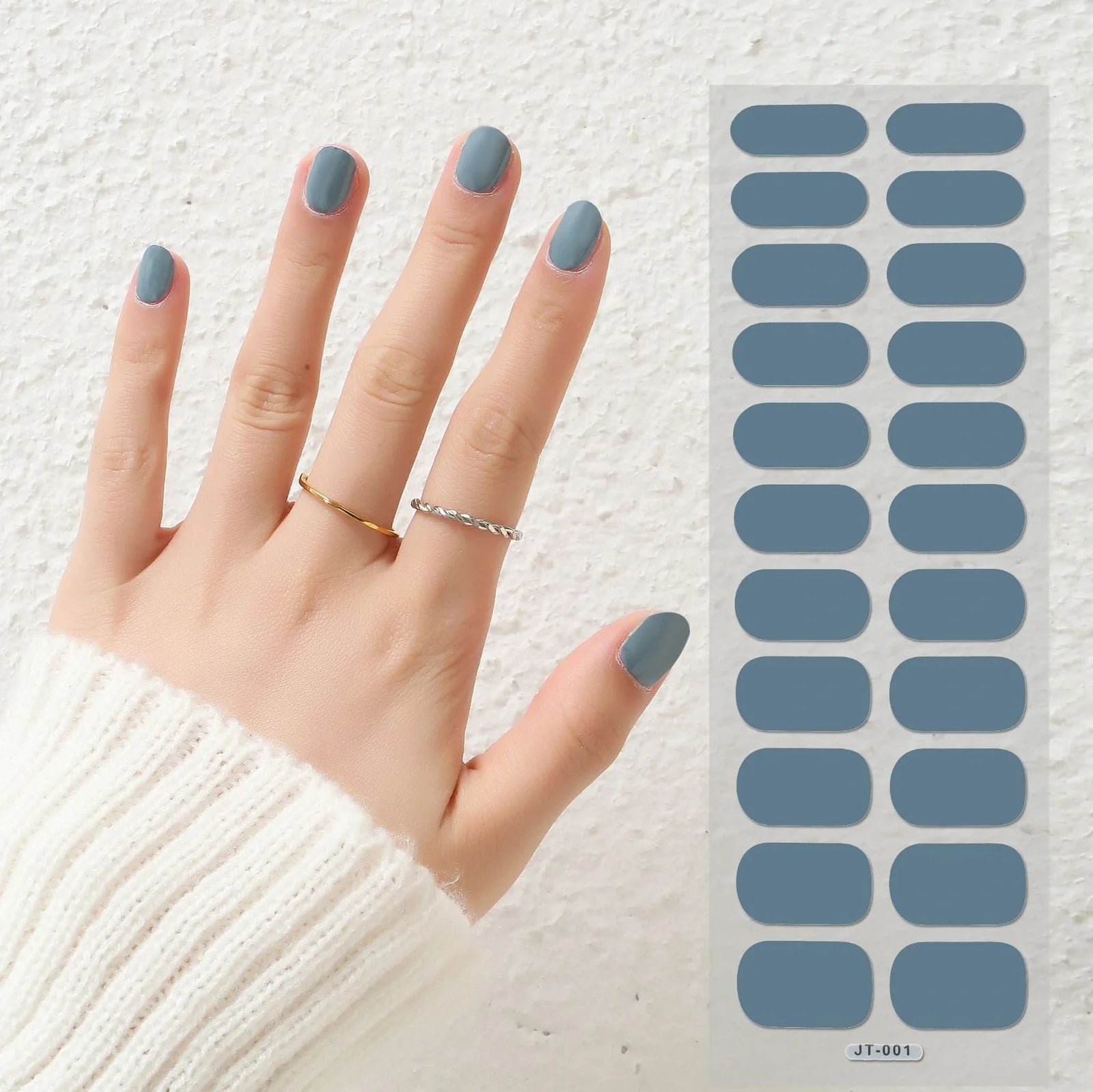 Semi-curing gel nail stickers sheet showing 22 solid colour designs including roses, tulips, and geometric patterns