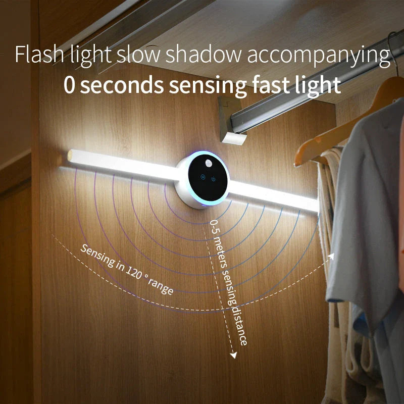 Multifunctional LED cabinet light with clock, motion sensor, and versatile features for home and office organization