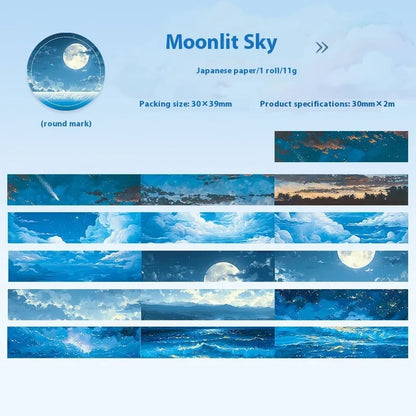 Japanese paper washi tape roll with sky theme decoration, 30mm width, showing colourful clouds pattern