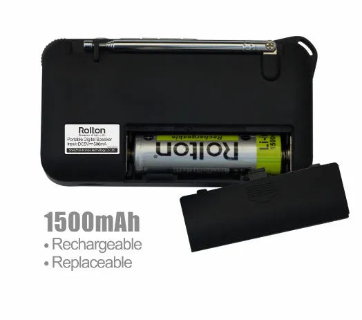 Rolton W405 portable FM radio MP3 speaker in gold, blue, or red with LED screen and carrying strap