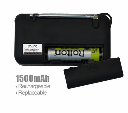 Rolton W405 portable FM radio MP3 speaker in gold, blue, or red with LED screen and carrying strap