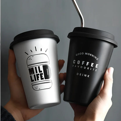 ROKEN stainless steel drinking cup with screw-on lid and reusable straw in COFFEE black colour