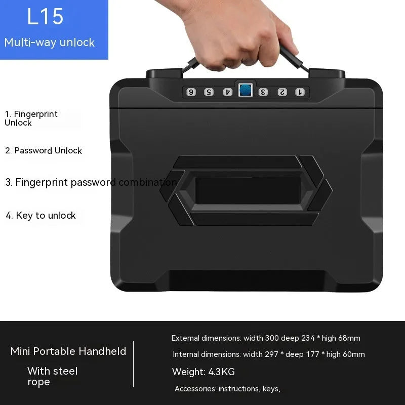 Black portable mechanical combination safe with key lock, made from cold-rolled steel.