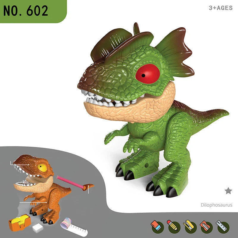 Transformative dinosaur-themed stationery set with movable joints and integrated school supplies
