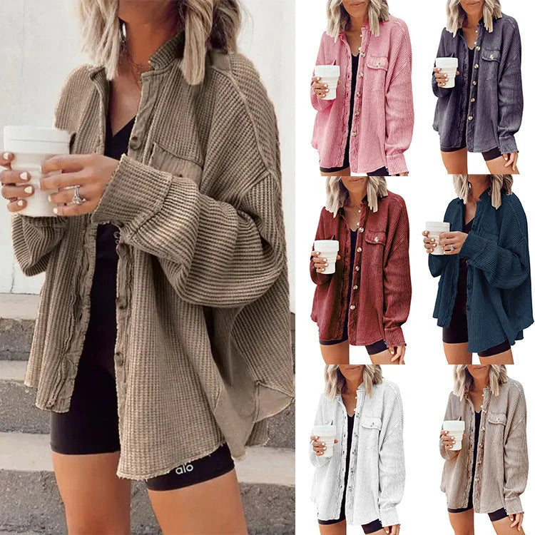 Women's lapel long sleeve button shirt jacket in various colours