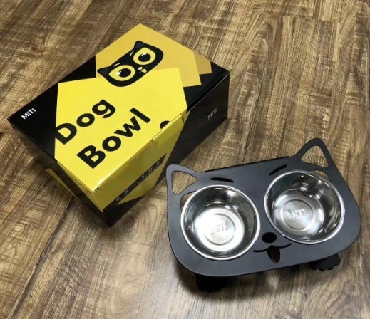 Anti-falling cat dog feeding water bowl in stainless steel with inclined design