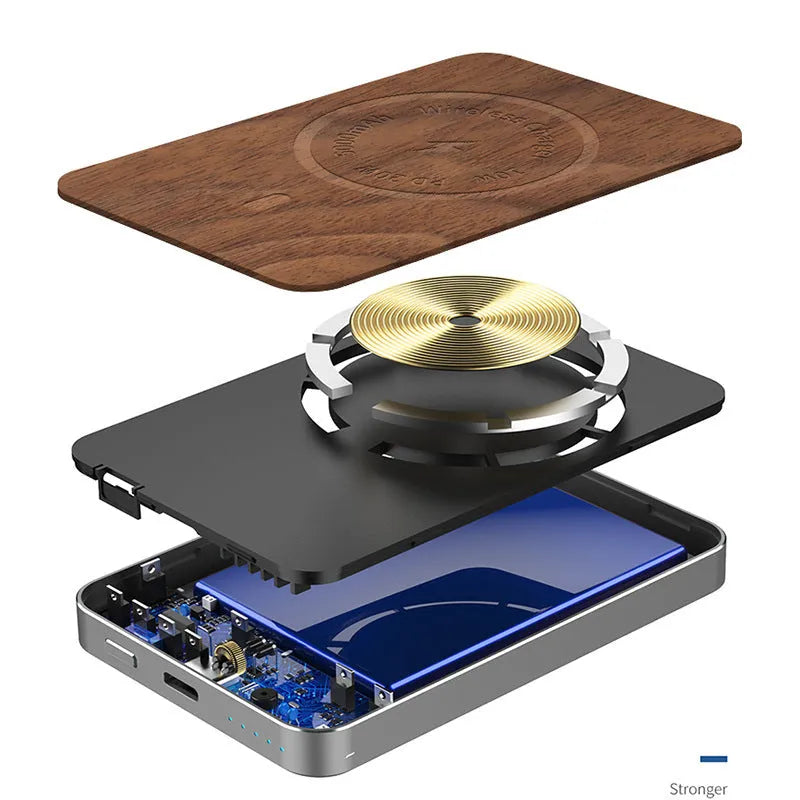 Khaki aluminium alloy wireless charging power bank with magnetic suction and USB port