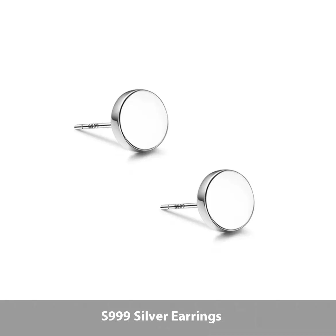 S999 sterling silver round flat bone stud earrings in silver or black, showing size range from 3mm to 8mm.