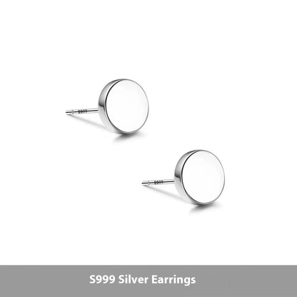 S999 sterling silver round flat bone stud earrings in silver or black, showing size range from 3mm to 8mm.