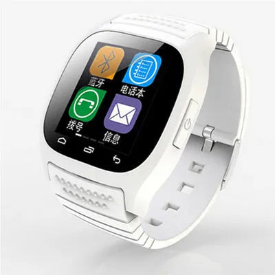 Bluetooth sports watch in white, blue, or black compatible with Apple iPhone and Android smartphones