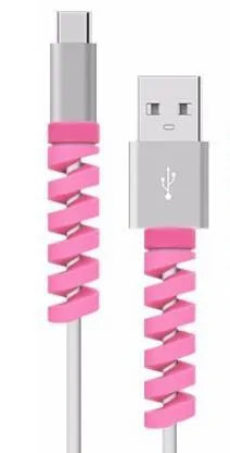 Plastic charging cable protector sleeve shown in various colours including black, blue, pink and yellow.