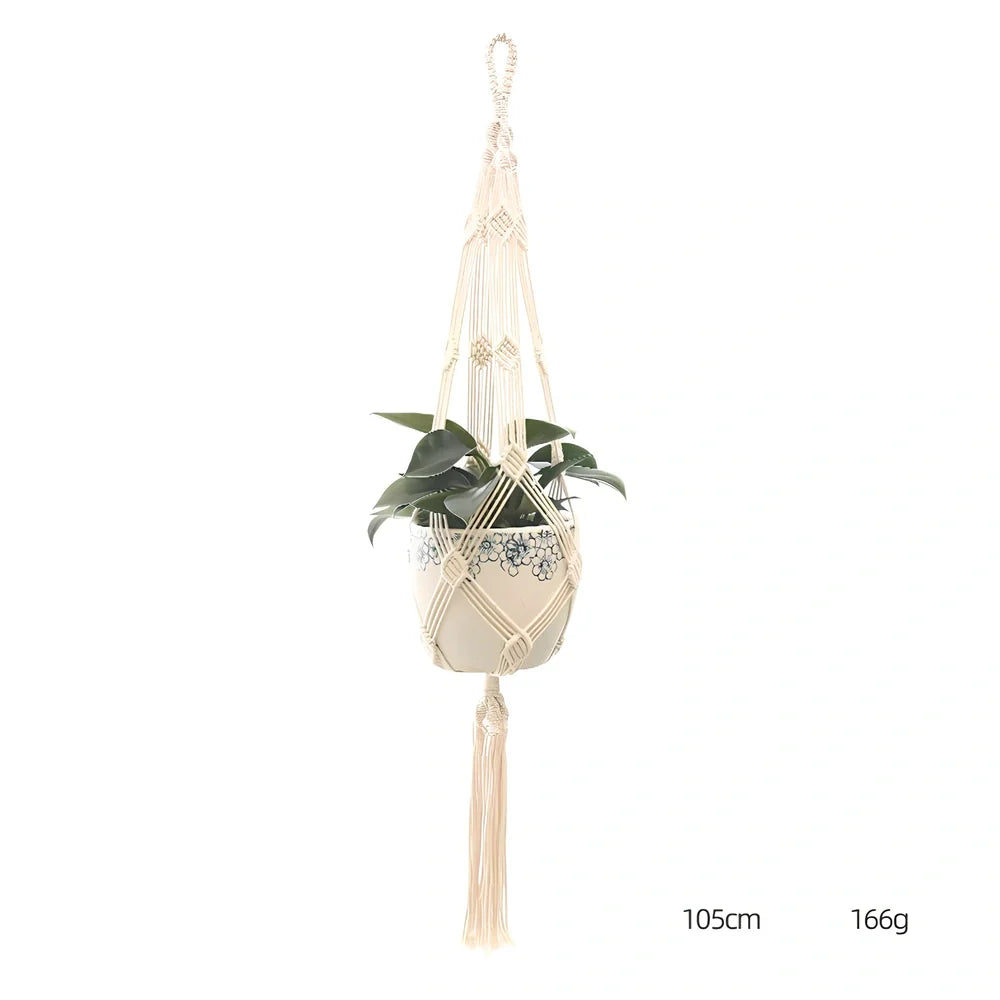 Hand-knitted cotton flowerpot net bag showing intricate pattern and hanging installation with plant