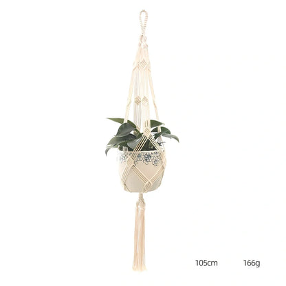 Hand-knitted cotton flowerpot net bag showing intricate pattern and hanging installation with plant