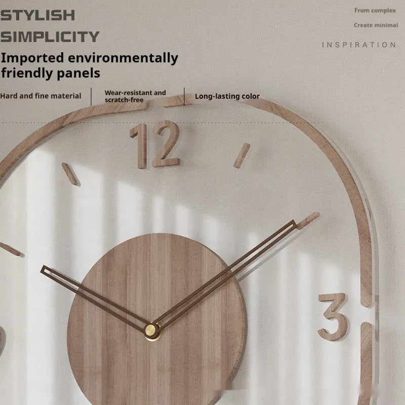 Transparent wooden frame wall clock with modern design in 35cm square size