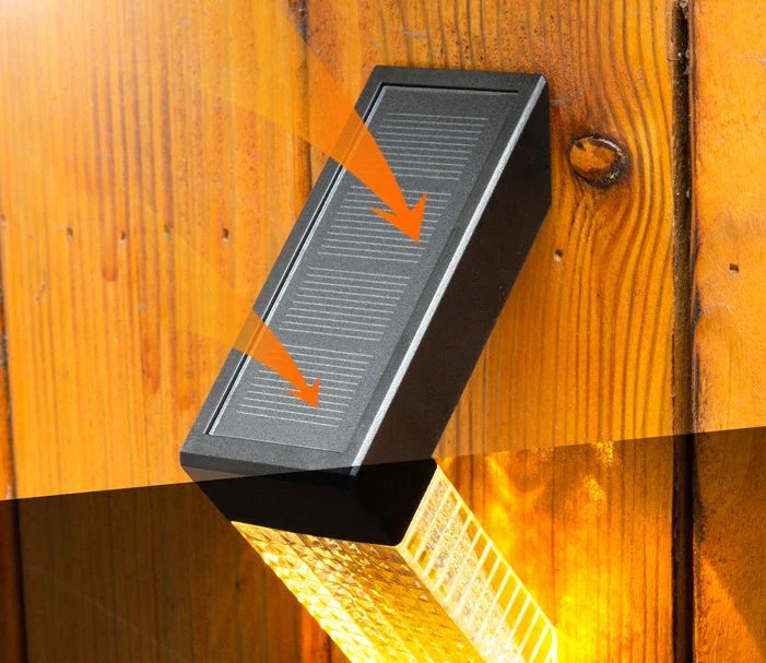 Waterproof solar-powered deck lights illuminating outdoor stairs, fence, and garden with warm, inviting glow
