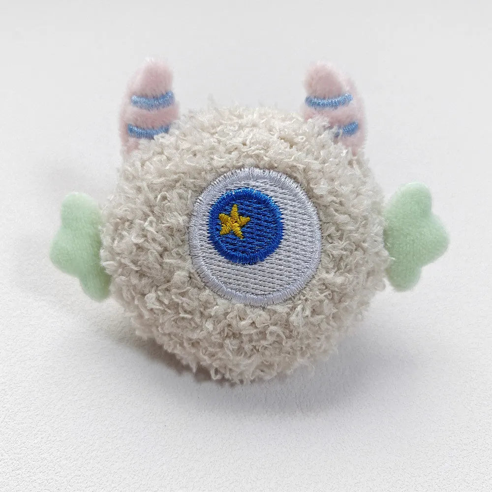 Plush cartoon dog chew toy with large eyes and squeaker in grey, green, pink, white or yellow