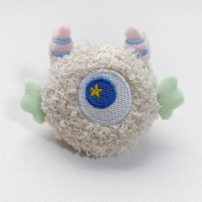 Plush cartoon dog chew toy with large eyes and squeaker in grey, green, pink, white or yellow