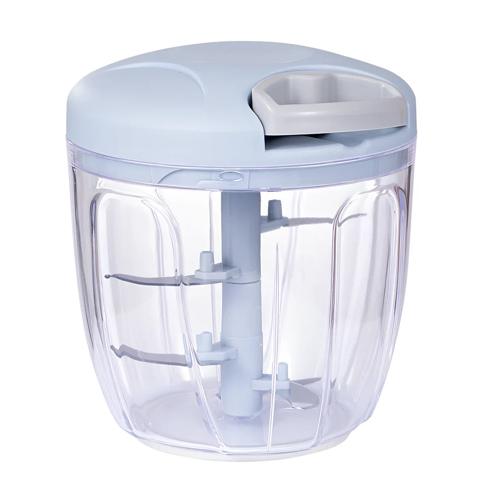 Manual garlic cutter with stainless steel blades in blue, green, or pink colours with transparent collection container