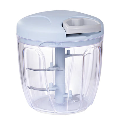 Manual garlic cutter with stainless steel blades in blue, green, or pink colours with transparent collection container