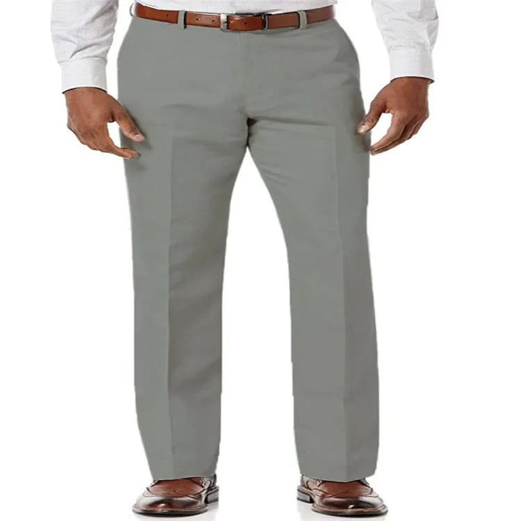 Men's beige white linen casual trousers with slant pockets laid flat