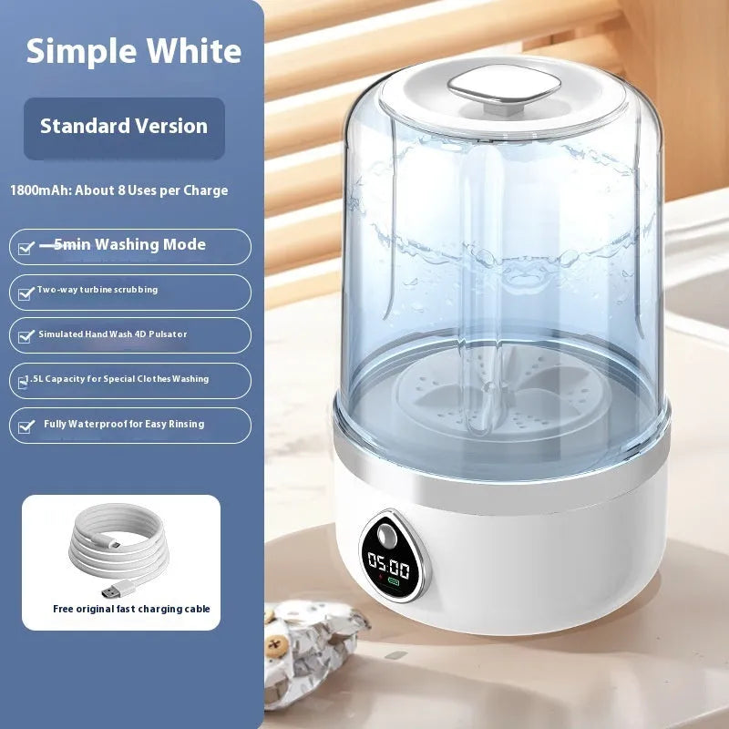White portable USB-powered mini washing machine showing 13.5cm width and compact design