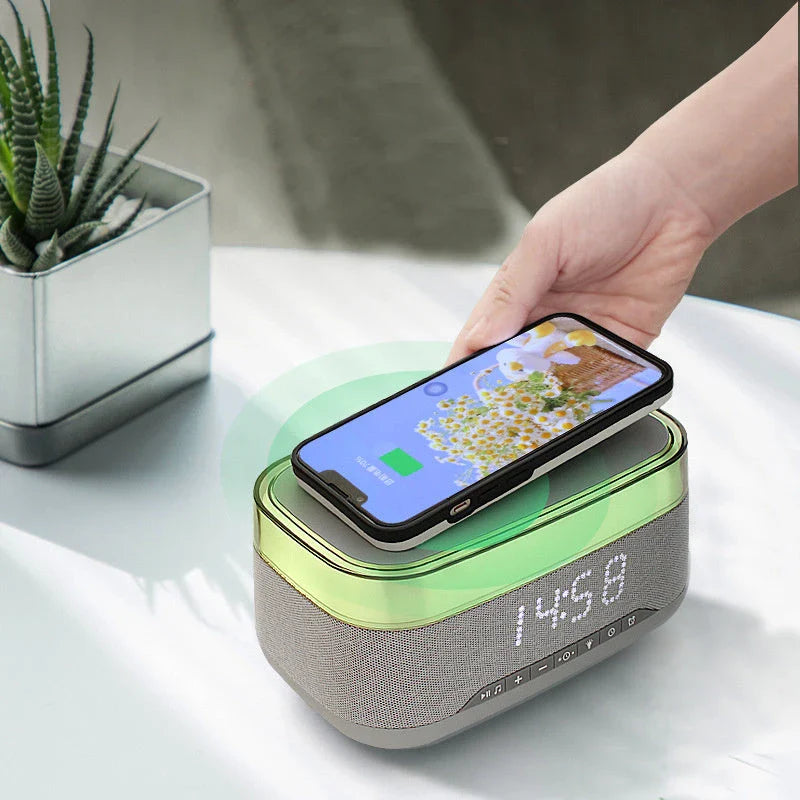 Multifunctional Bluetooth alarm clock with wireless charging, night light, and premium speaker