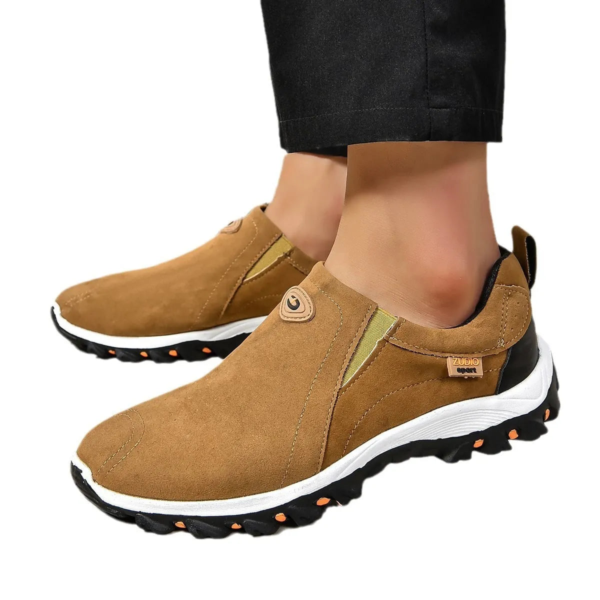 Men's grey round toe slip-on shoes with a shallow mouth on a rubber sole.
