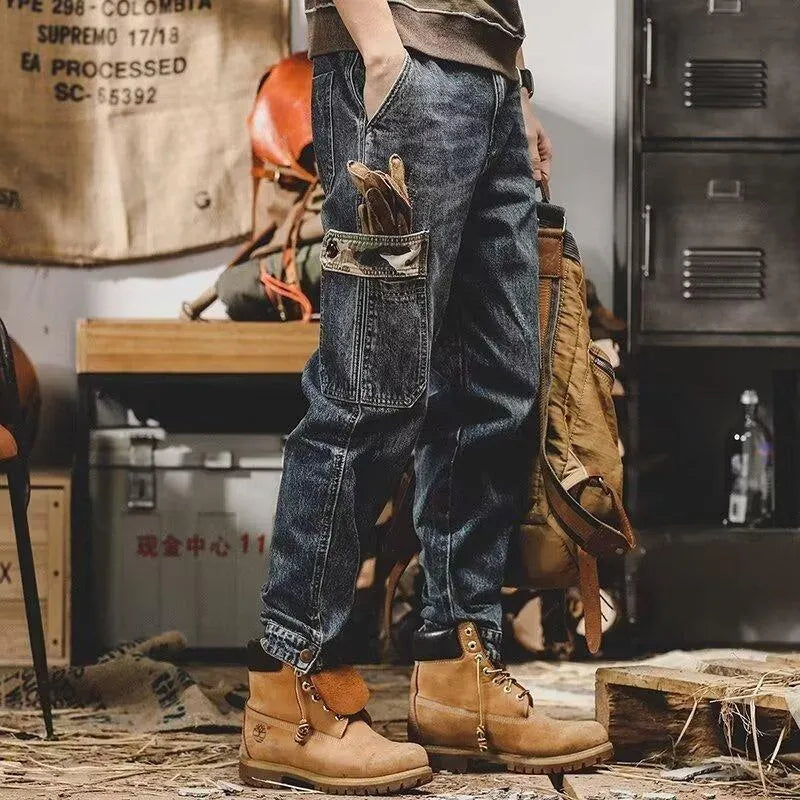 Men's blue heavy distressed cargo jeans, loose fit, mid waist, button fly, cotton denim.