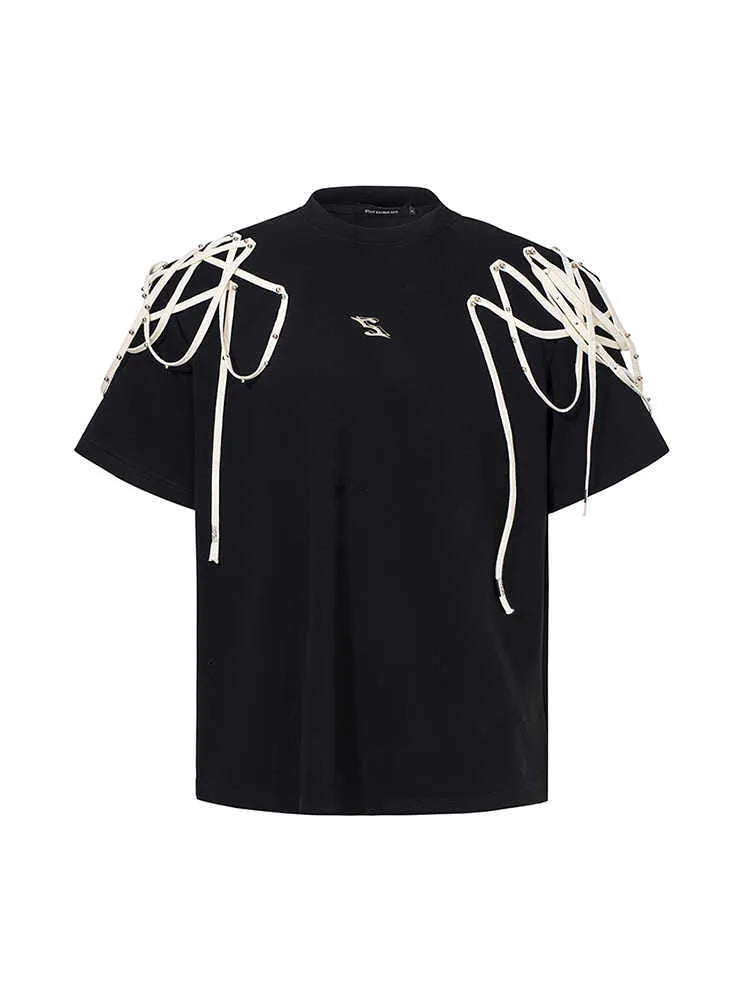 Black loose fit short sleeve T-shirt with rivet ribbon padded shoulder detail and round neck