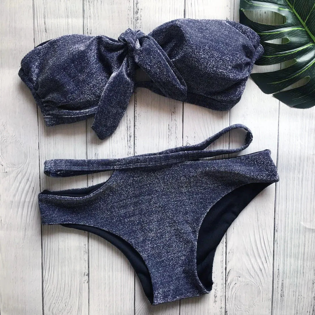 Black sequin knit bikini swimsuit with chest pad and no steel support, sizes S M L