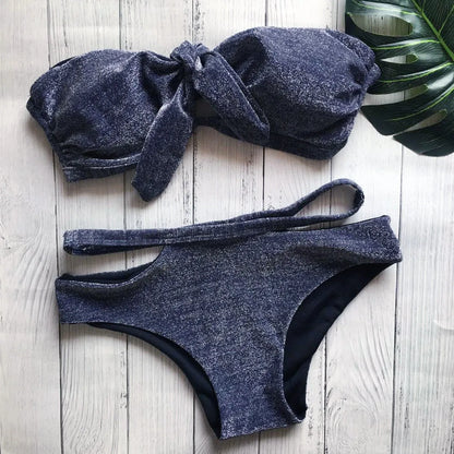 Black sequin knit bikini swimsuit with chest pad and no steel support, sizes S M L