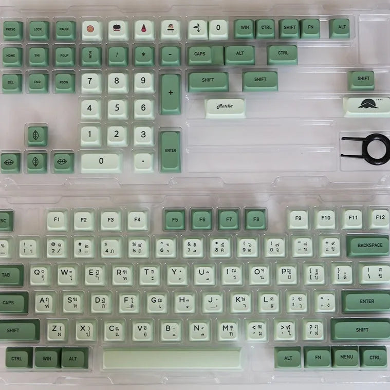 Matcha-themed PBT keycap set with 124 keys and dye-sublimated legends in multiple languages