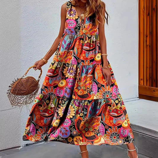 Stylish women's floral print V-neck swing dress for summer