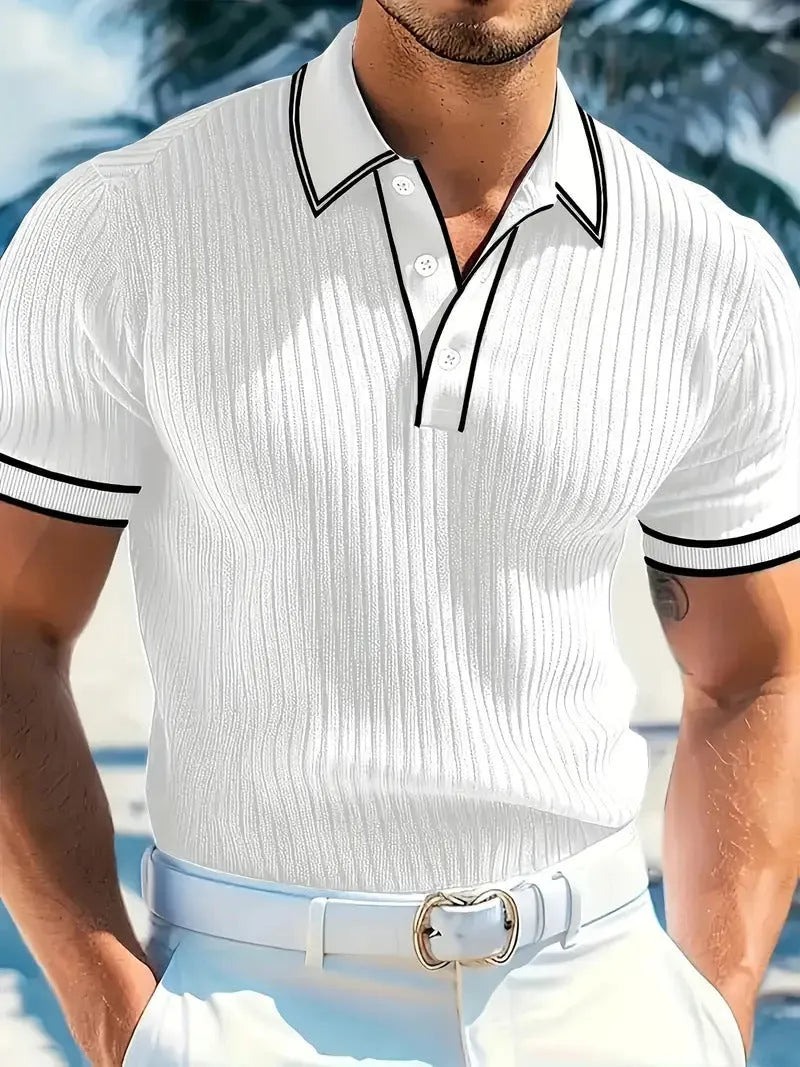 Men's loose fit striped polo shirt in chemical fibre blend fabric, short sleeve, shown in wine red colour.