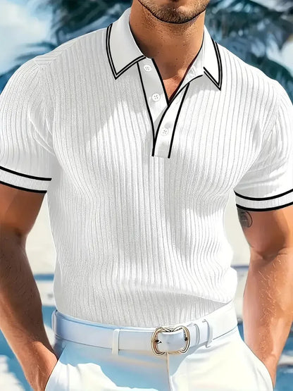 Men's loose fit striped polo shirt in chemical fibre blend fabric, short sleeve, shown in wine red colour.