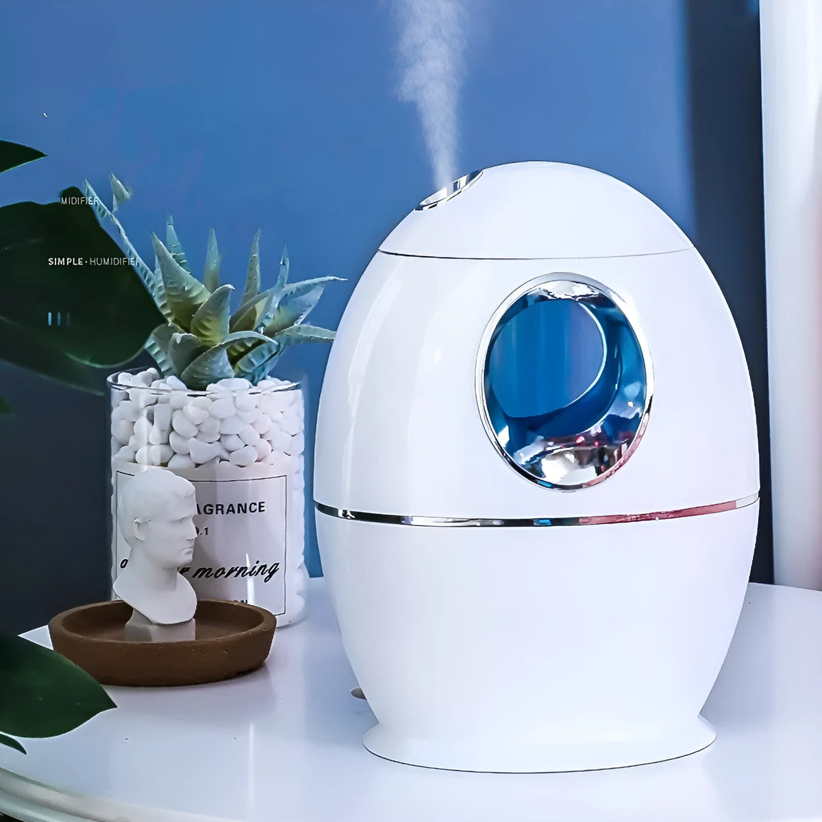 White columnar air disinfection humidifier with USB cable on wooden surface