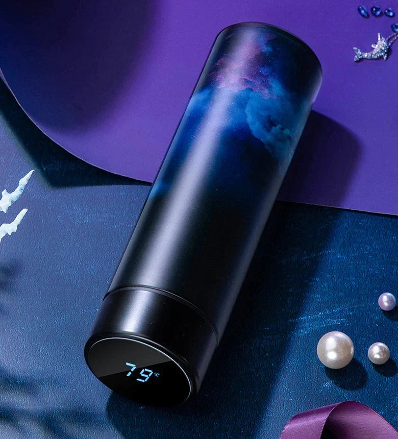 Sleek stainless steel vacuum flask with LED temperature display in various colors and capacities