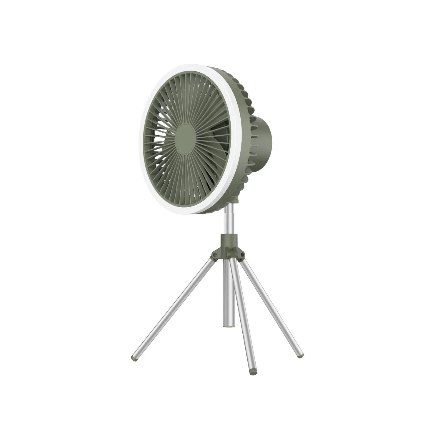 White camping fan mounted on aluminum tripod with Type-C charging cable