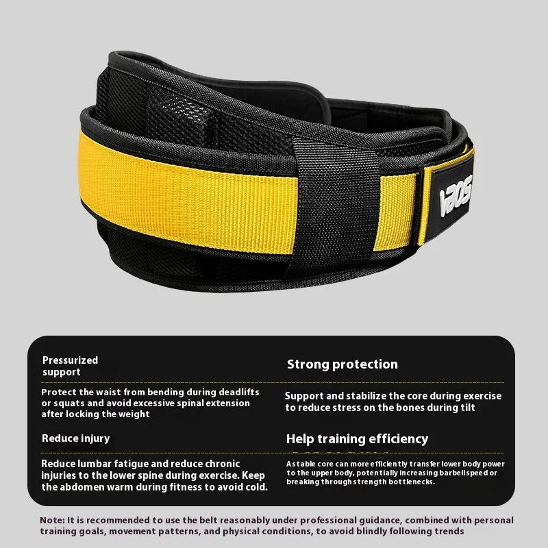 Adjustable waist support belt for weightlifting and squat training, available in black, red, or yellow