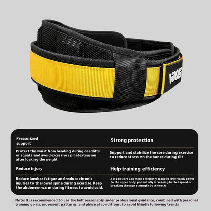 Adjustable waist support belt for weightlifting and squat training, available in black, red, or yellow