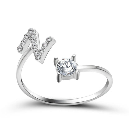 Personalized Initial Letter Crystal Ring with Adjustable Design in Gold, Silver, and Rose Gold Colors