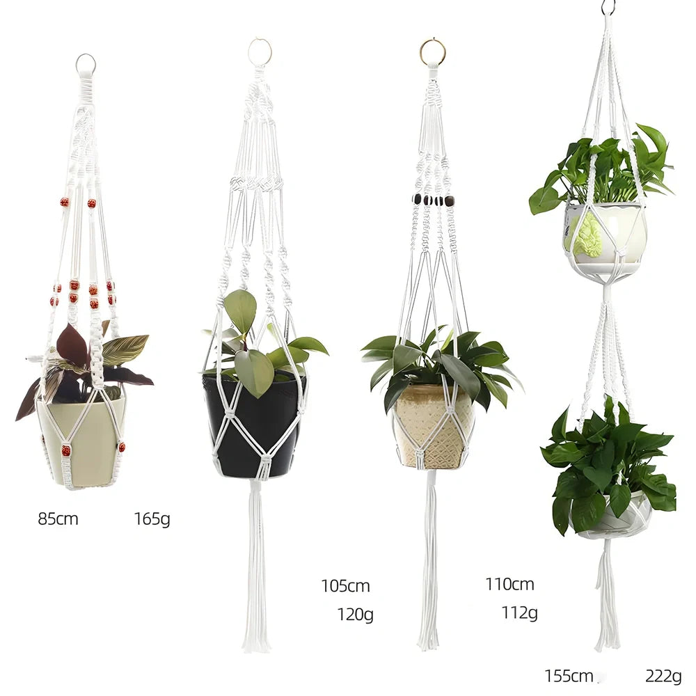 Hand-knitted cotton flowerpot net bag showing intricate pattern and hanging installation with plant