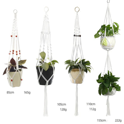 Hand-knitted cotton flowerpot net bag showing intricate pattern and hanging installation with plant