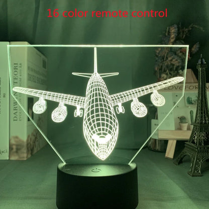 Custom 3D aeroplane hologram night light with personalised name, showing optical acrylic panel and ABS base