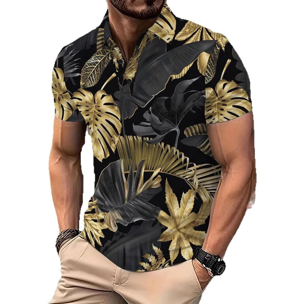 Men's gold tropical plant pattern short sleeve shirt laid flat showing print detail