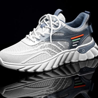 Men's white blue and black platform casual sports shoes with mesh upper and cross shoulder straps.