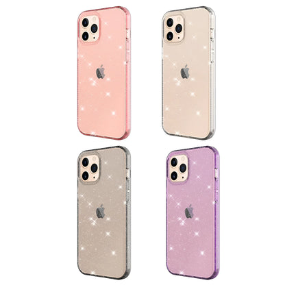Transparent glitter TPU phone case for IPhone 12 series in pink, black, purple and clear colour options