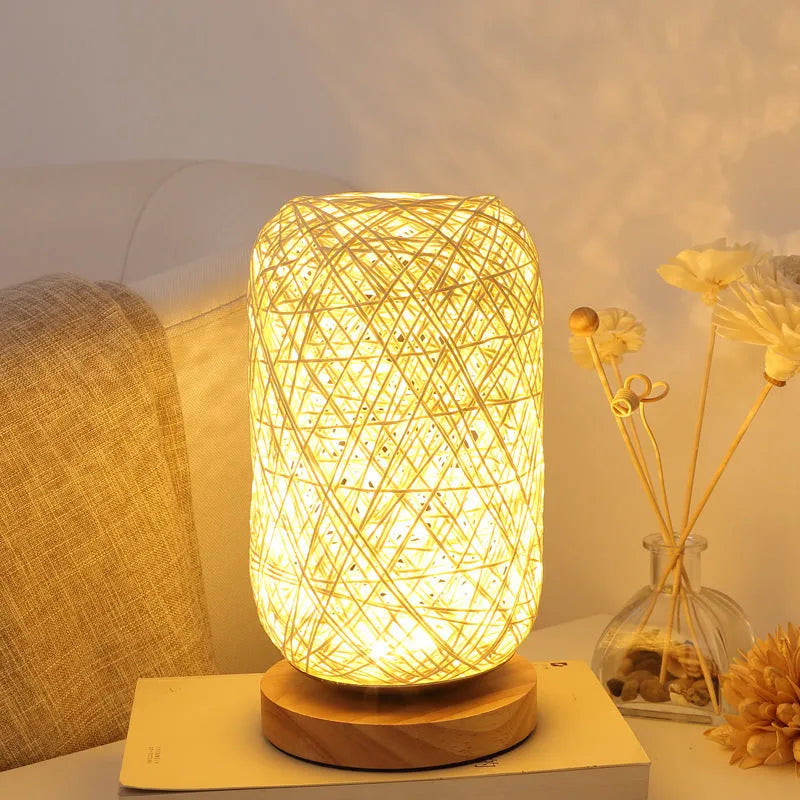 Twine Sepak Takraw desk lamp with hemp rope shade and solid wood base